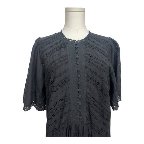 $158 NWT Madewell Eyelet Flutter Sleeve Mini Dress Size 10 Cotton Black NU556 - Picture 2 of 7